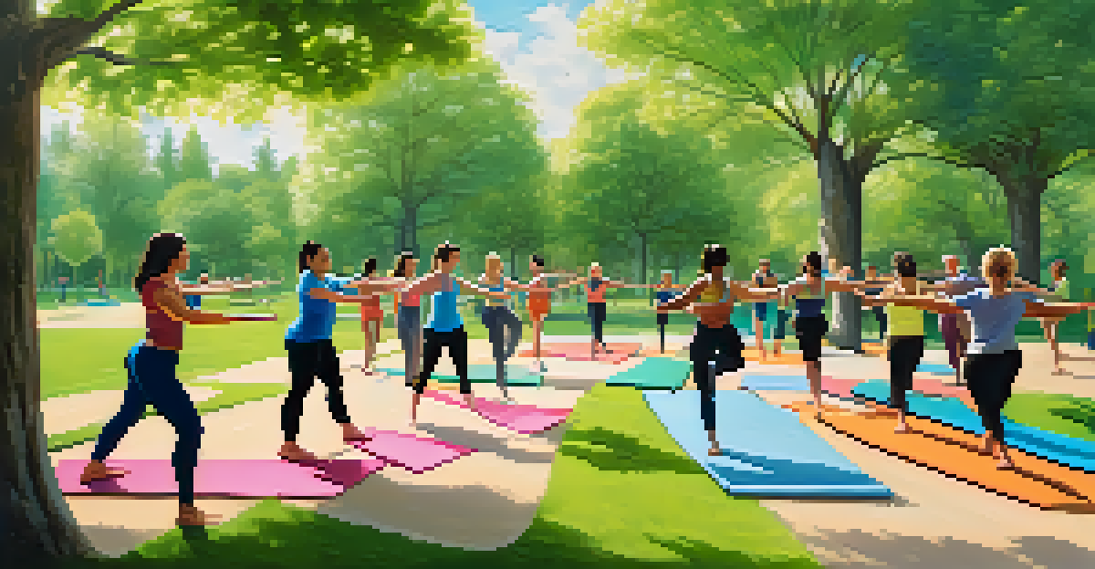 Employees participating in a group workout session in a green park, engaging in yoga and stretching.