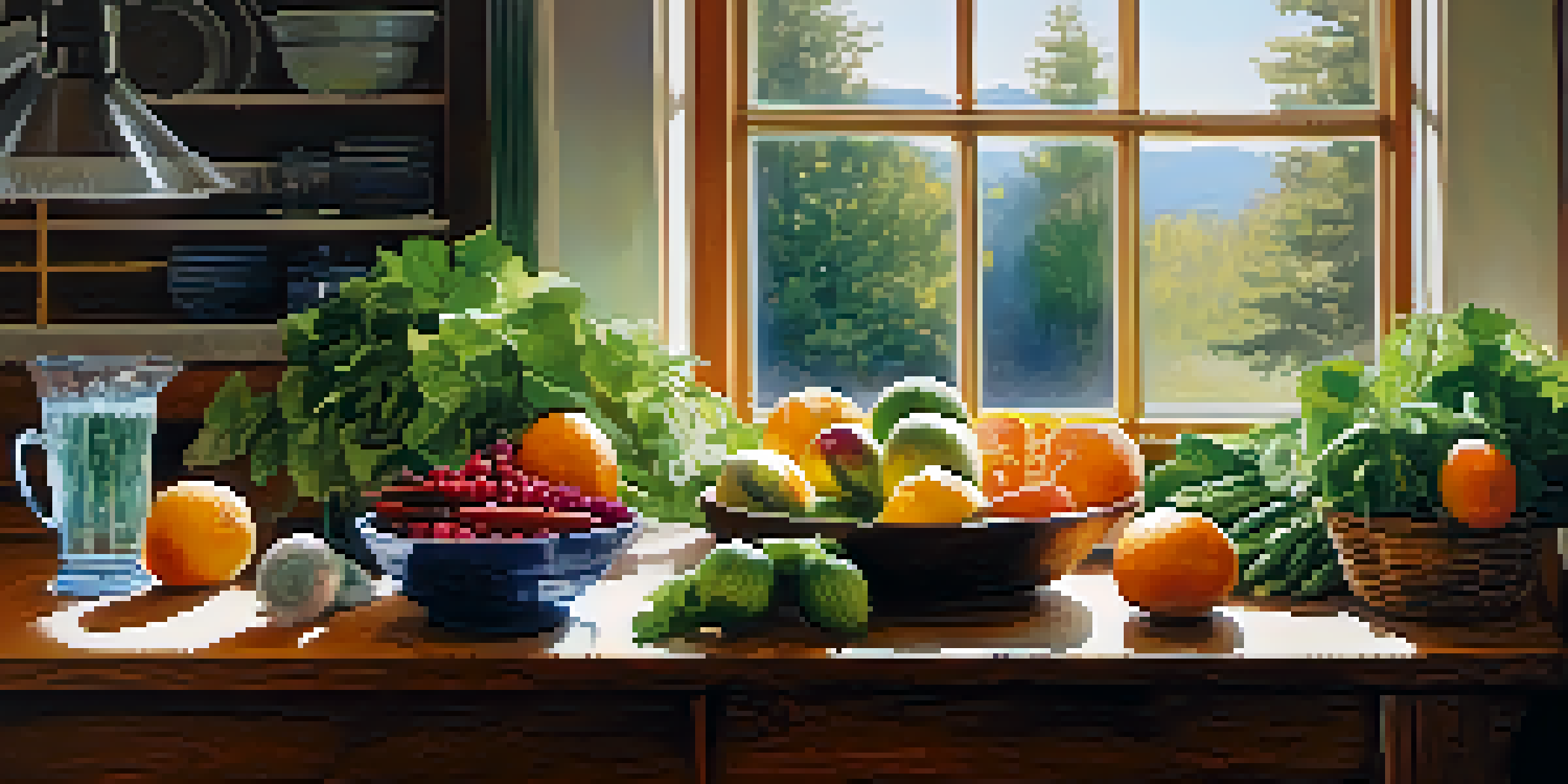 A wooden table in a kitchen filled with fresh fruits and vegetables, and a glass of infused water next to a cup of herbal tea, illuminated by soft morning light.
