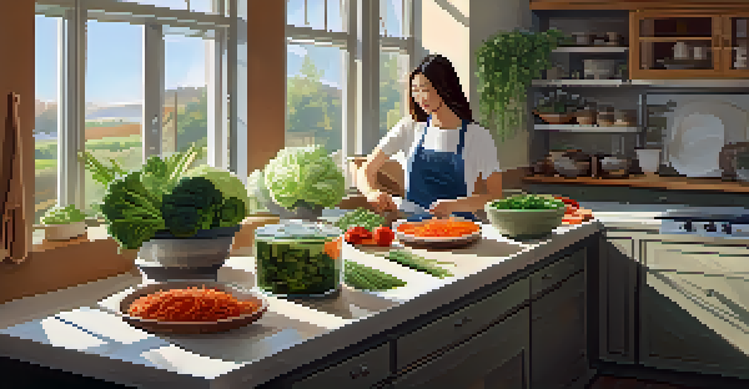 A person preparing a healthy meal in a bright kitchen filled with fresh vegetables and fermented foods.