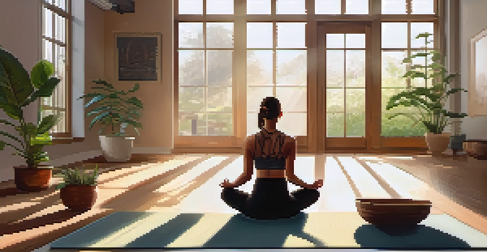 A peaceful yoga studio with a person doing a downward dog pose, illuminated by soft morning light.