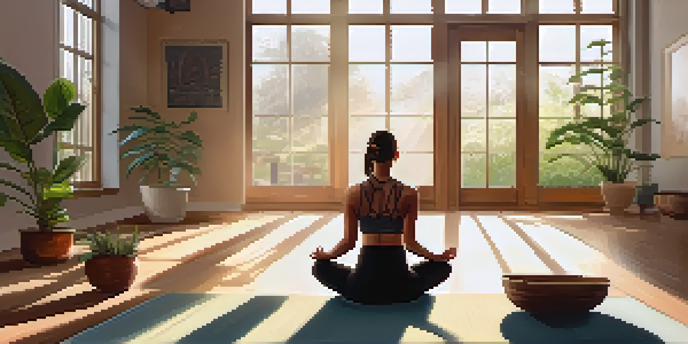A peaceful yoga studio with a person doing a downward dog pose, illuminated by soft morning light.