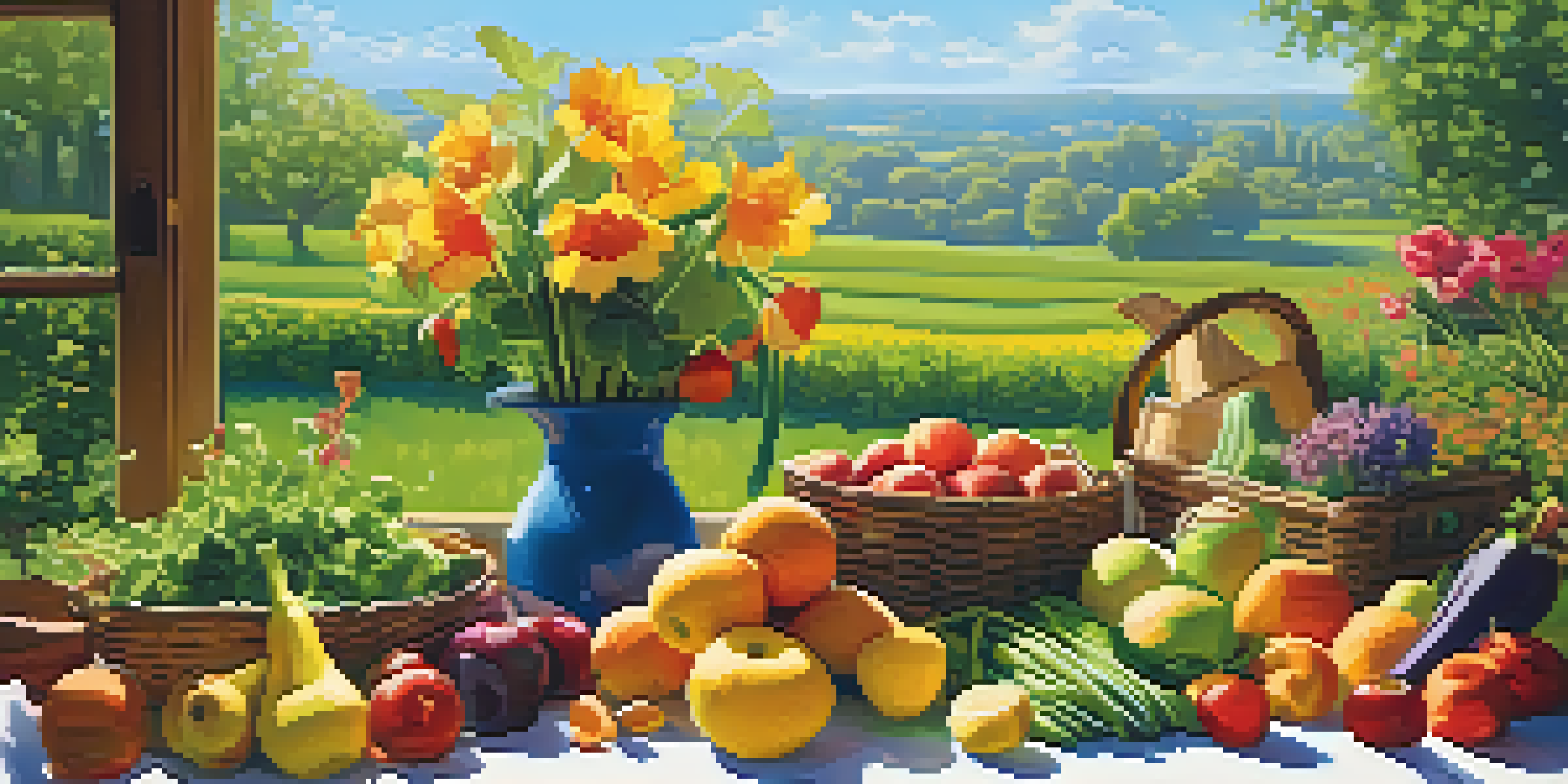 A bright spring garden with colorful flowers and fresh vegetables under a clear blue sky.