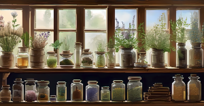 A cozy herbal apothecary with colorful jars of herbs and dried flowers on wooden shelves, illuminated by soft light.