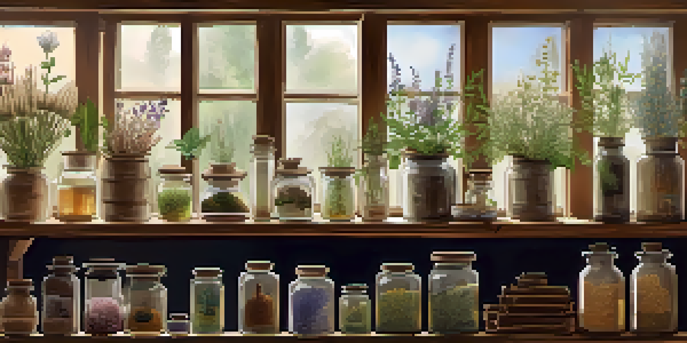 A cozy herbal apothecary with colorful jars of herbs and dried flowers on wooden shelves, illuminated by soft light.