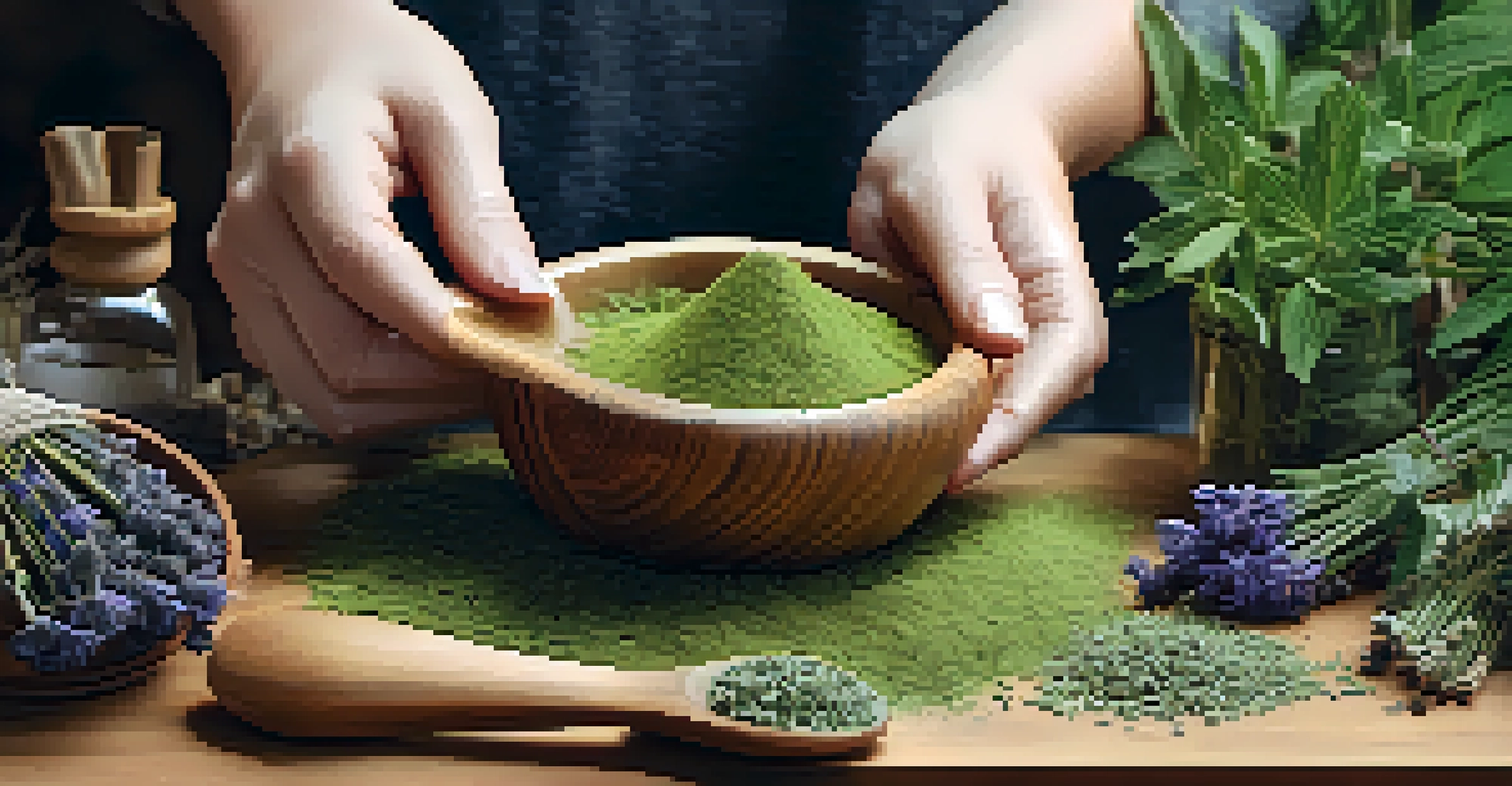 Close-up of hands measuring dried herbal powder with a wooden scoop, surrounded by fresh herbs in a softly lit background.