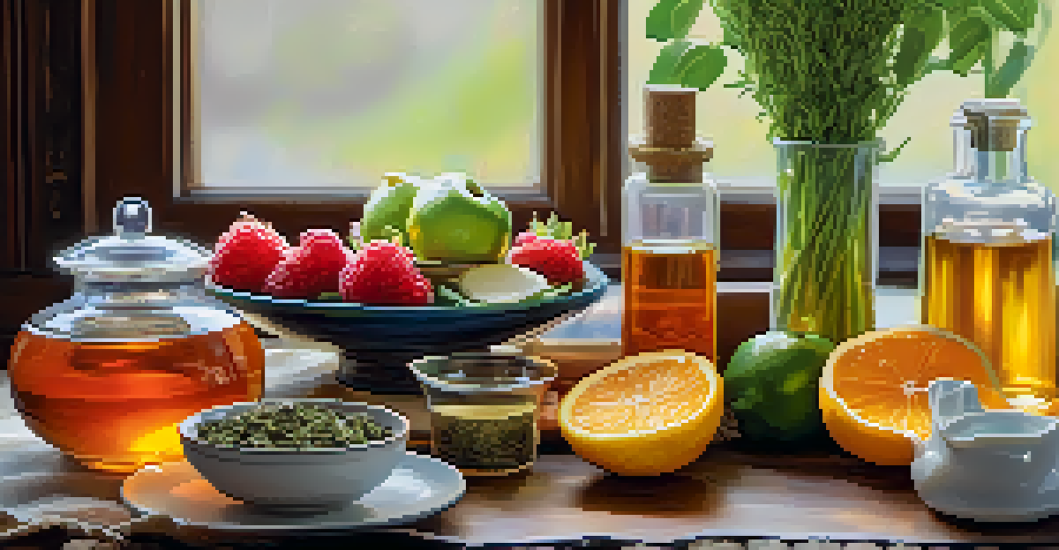 A close-up view of a table filled with natural health products like herbal teas and essential oils, beautifully arranged and illuminated by natural light.