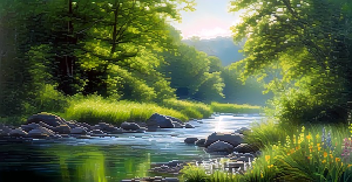 A tranquil river scene with greenery and sunlight shining through the leaves, illustrating nature's healing power.