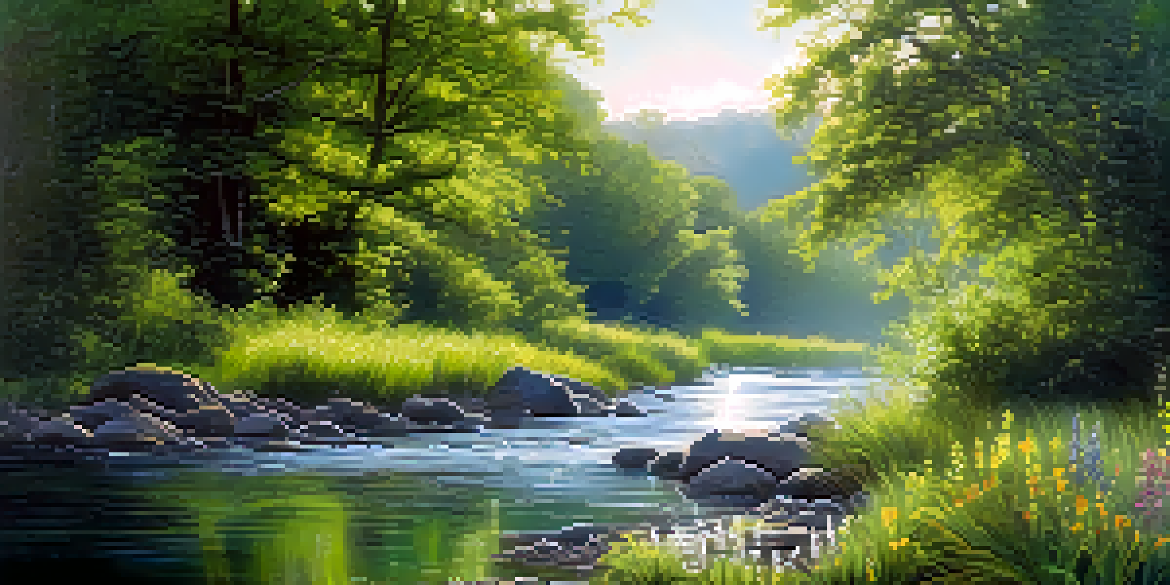 A tranquil river scene with greenery and sunlight shining through the leaves, illustrating nature's healing power.