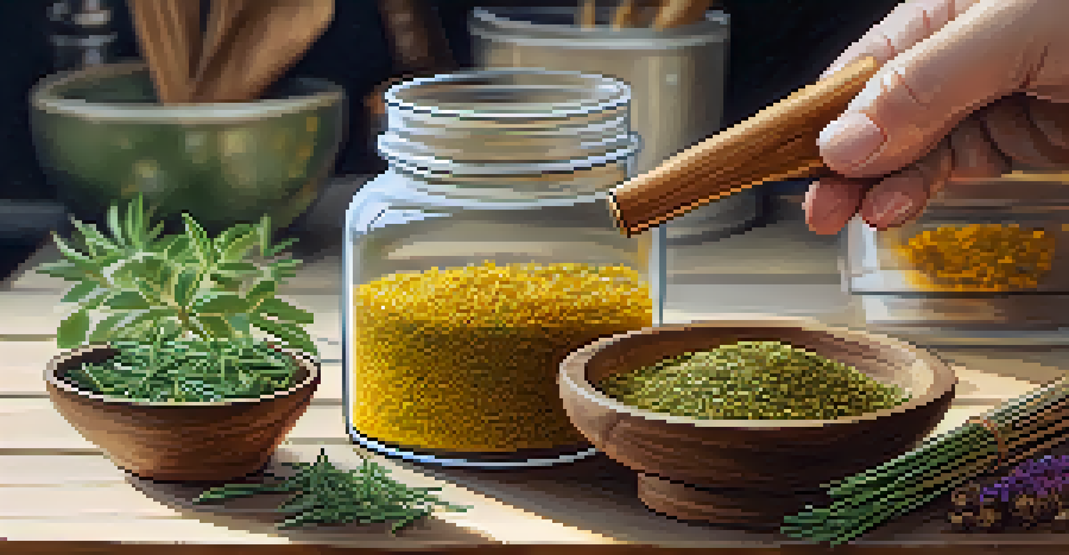 Close-up of hands preparing herbal remedies with dried herbs and a mortar and pestle on a wooden table.