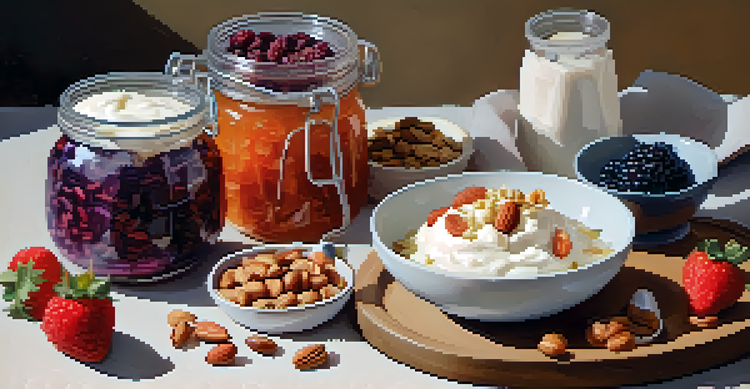 A wooden table featuring probiotic foods like yogurt with berries, sauerkraut, and kimchi, beautifully arranged in soft light.
