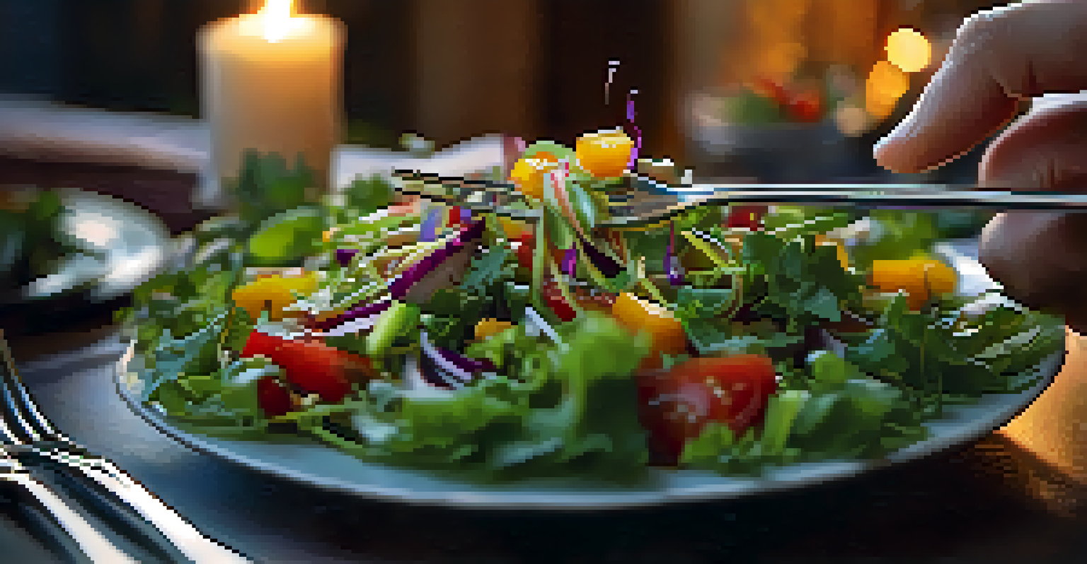 A close-up of a person's hands holding a fork with a colorful salad, set in a cozy dining environment with soft candlelight.