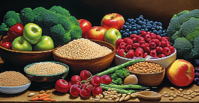 A colorful assortment of fiber-rich foods including fruits, vegetables, legumes, and whole grains arranged on a wooden table.