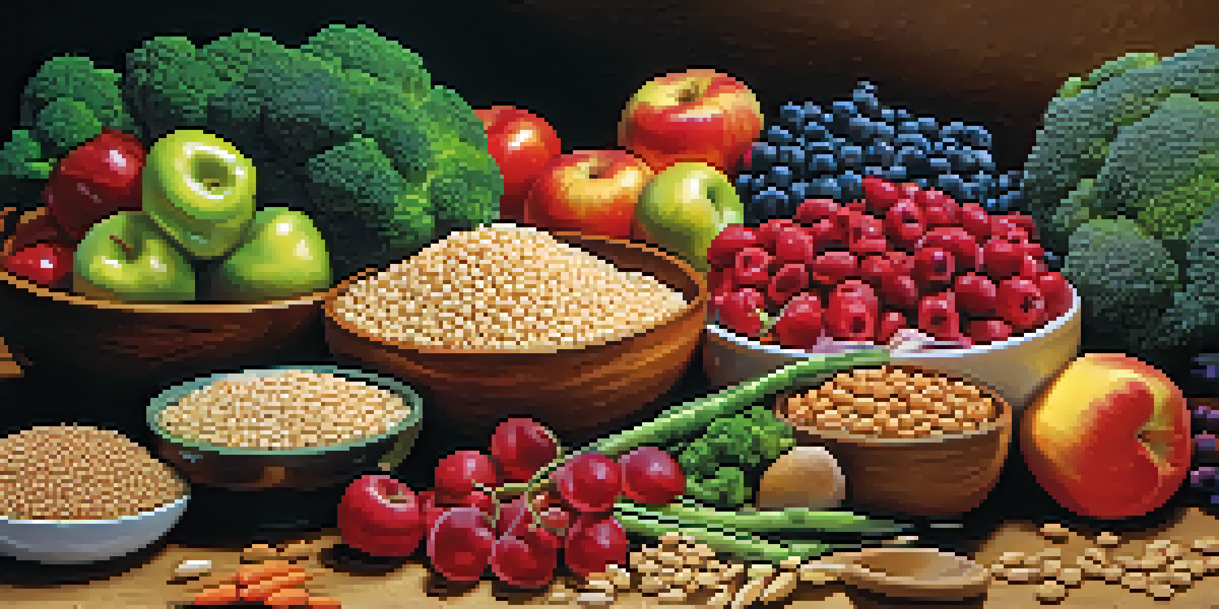 A colorful assortment of fiber-rich foods including fruits, vegetables, legumes, and whole grains arranged on a wooden table.