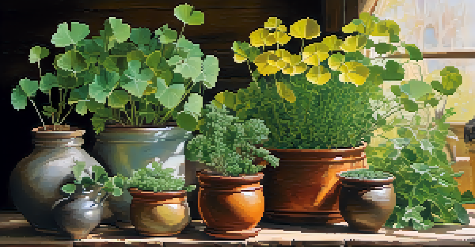 A collection of herbal plants in pots on a wooden table, with sunlight enhancing their vibrant colors and textures.