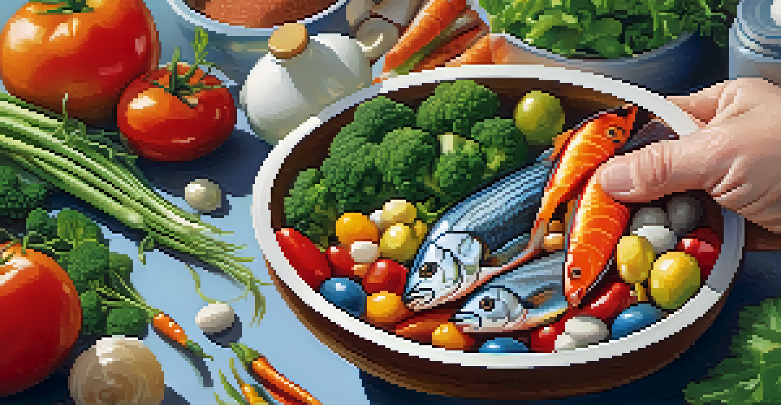 A hand holding a bowl of fish oil supplements with fresh vegetables and herbs in the background.