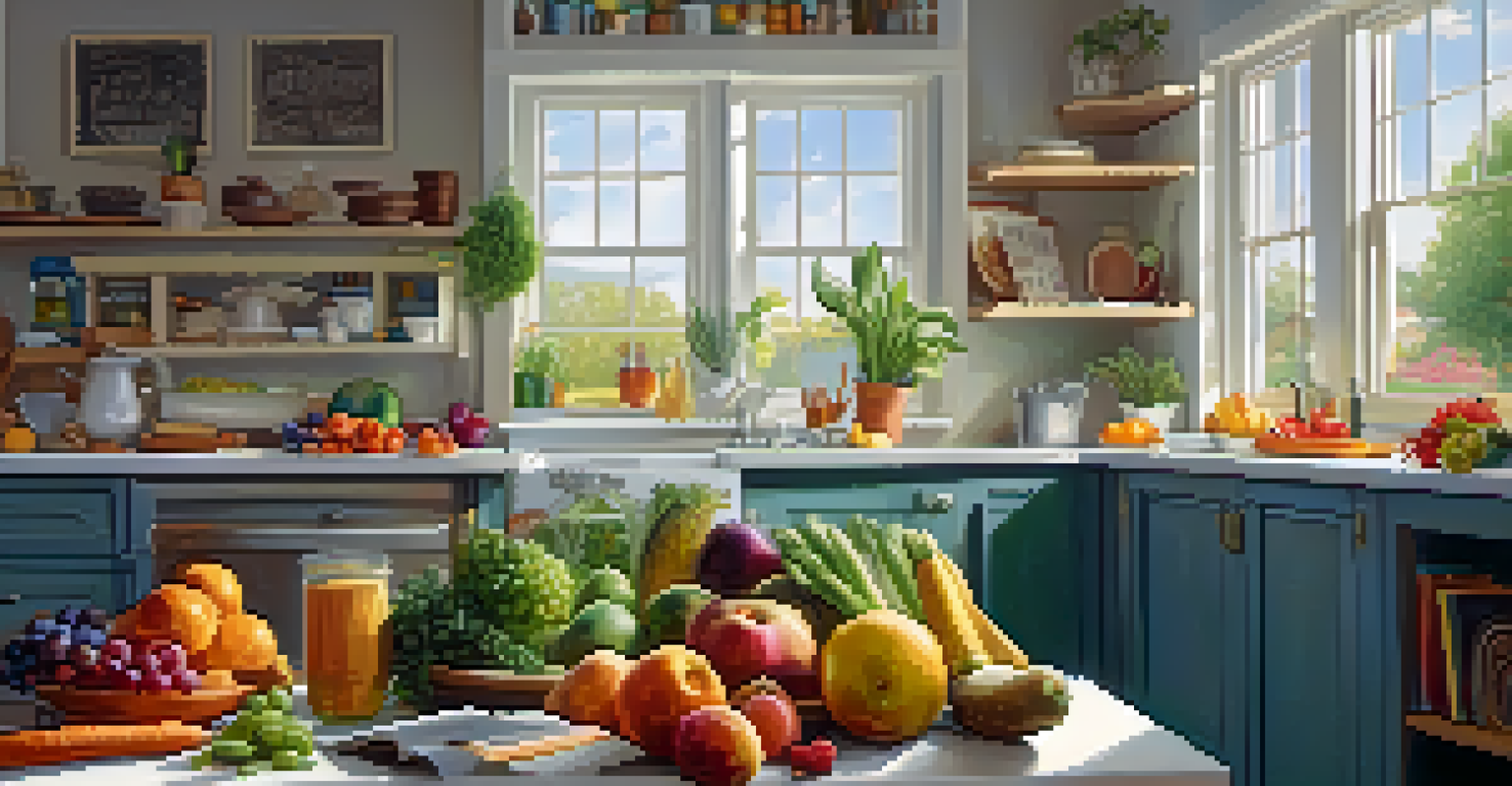 A person writing in a food diary surrounded by fruits, vegetables, and whole grains in a cozy kitchen.