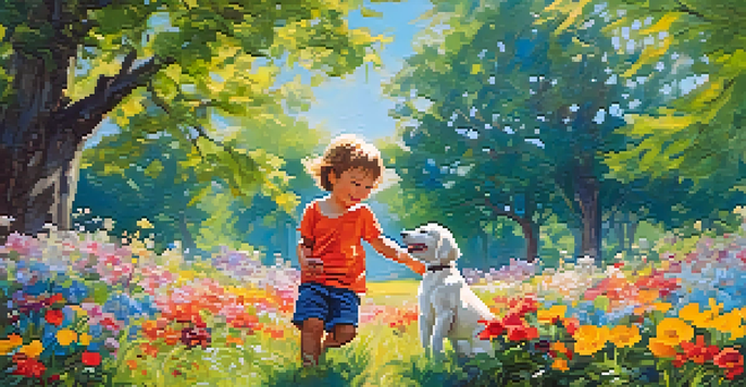 A happy child playing with a puppy in a sunny park filled with colorful flowers.