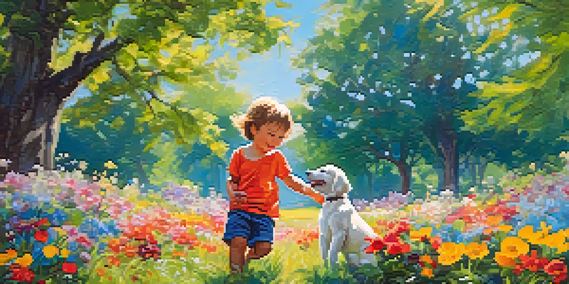 A happy child playing with a puppy in a sunny park filled with colorful flowers.