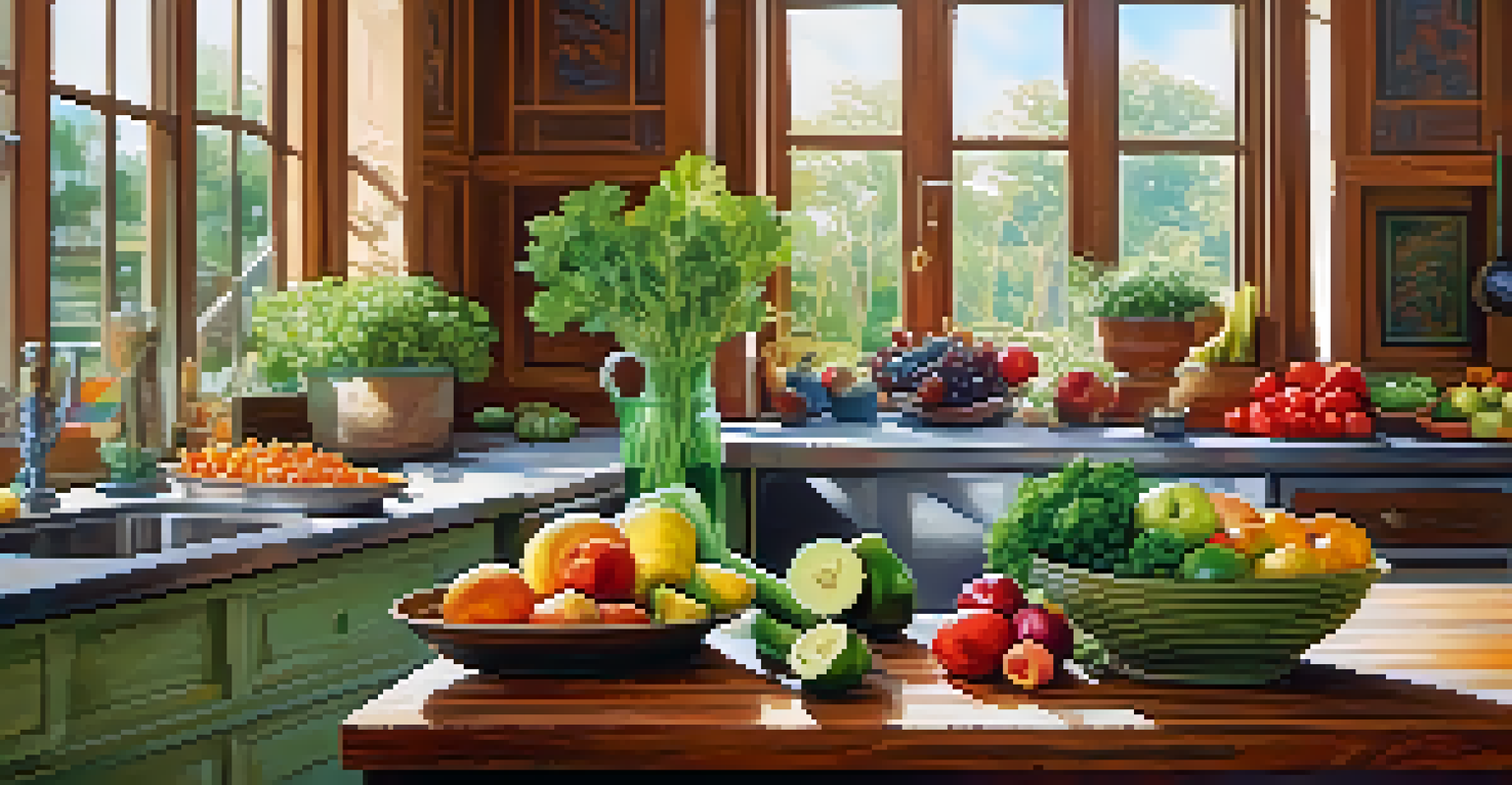A cozy kitchen table with a variety of fresh fruits, vegetables, and herbs, illuminated by natural light.