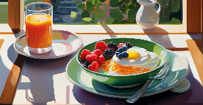 A breakfast table with yogurt, berries, kefir, and fermented vegetables, illuminated by soft morning light.