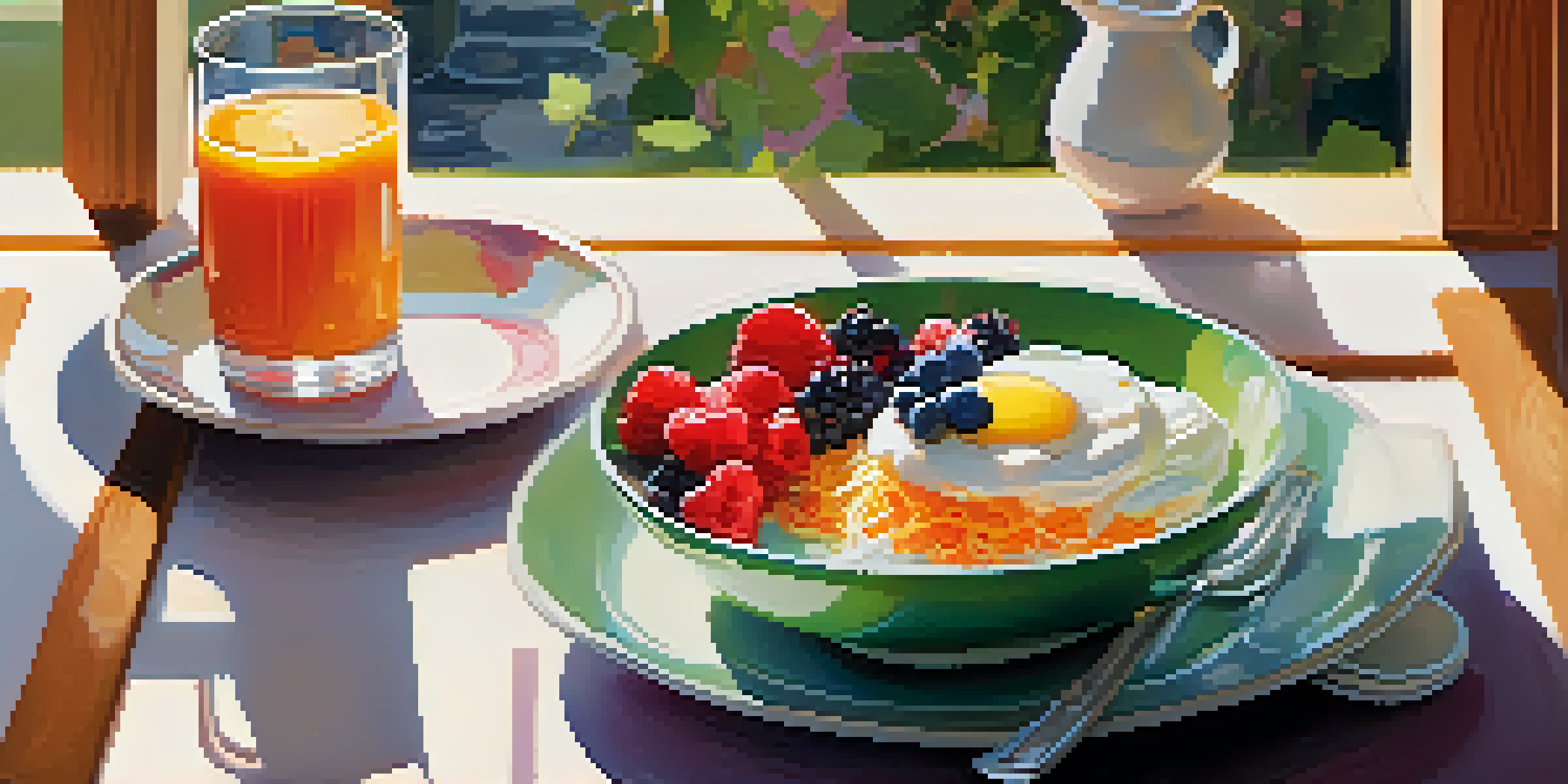 A breakfast table with yogurt, berries, kefir, and fermented vegetables, illuminated by soft morning light.