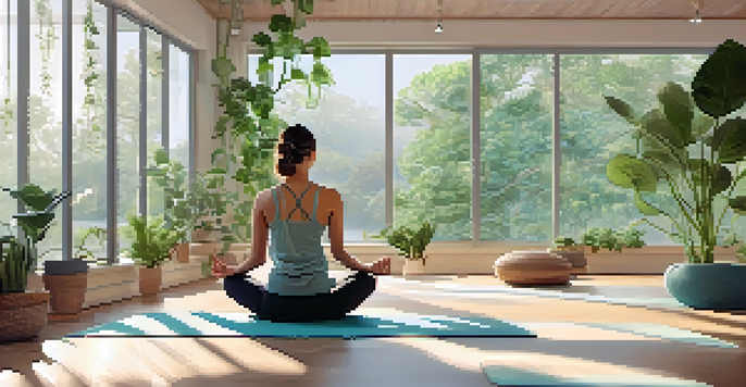 A peaceful meditation room with natural light, plants, and a person meditating on a yoga mat.