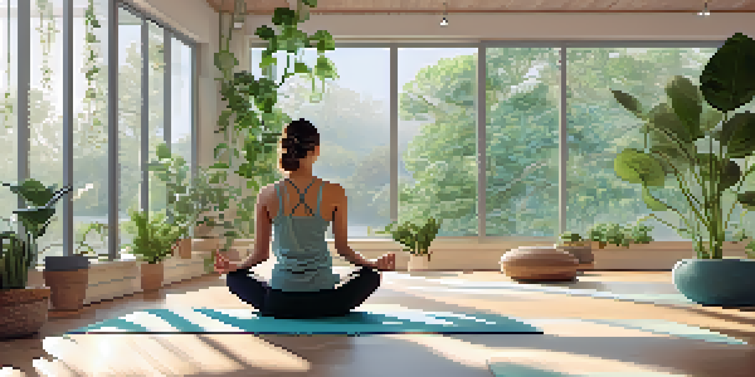 A peaceful meditation room with natural light, plants, and a person meditating on a yoga mat.