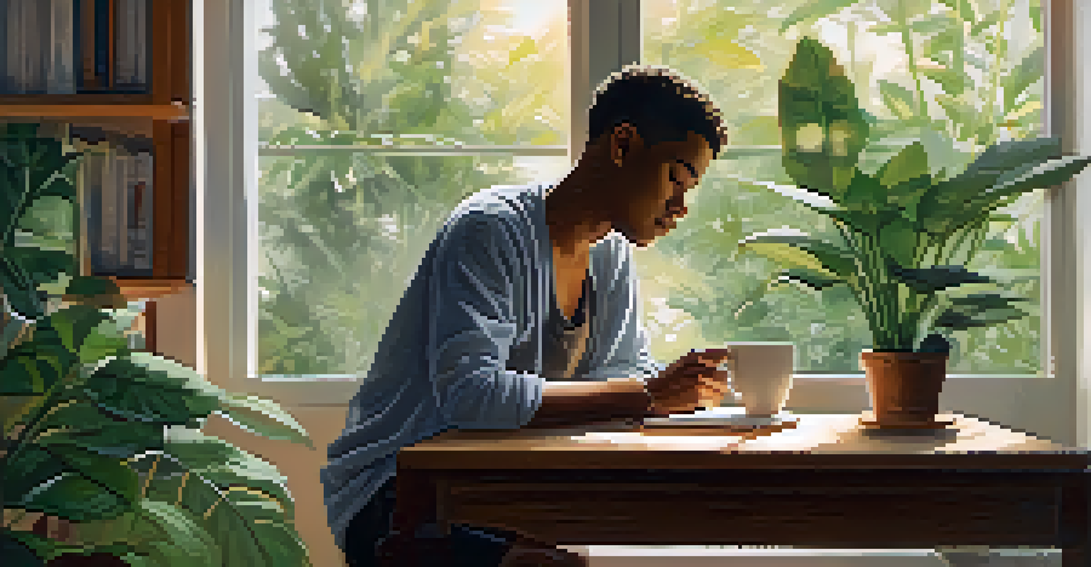 A person in a cozy space, peacefully drinking water with plants around, and a notebook nearby for health reflections.