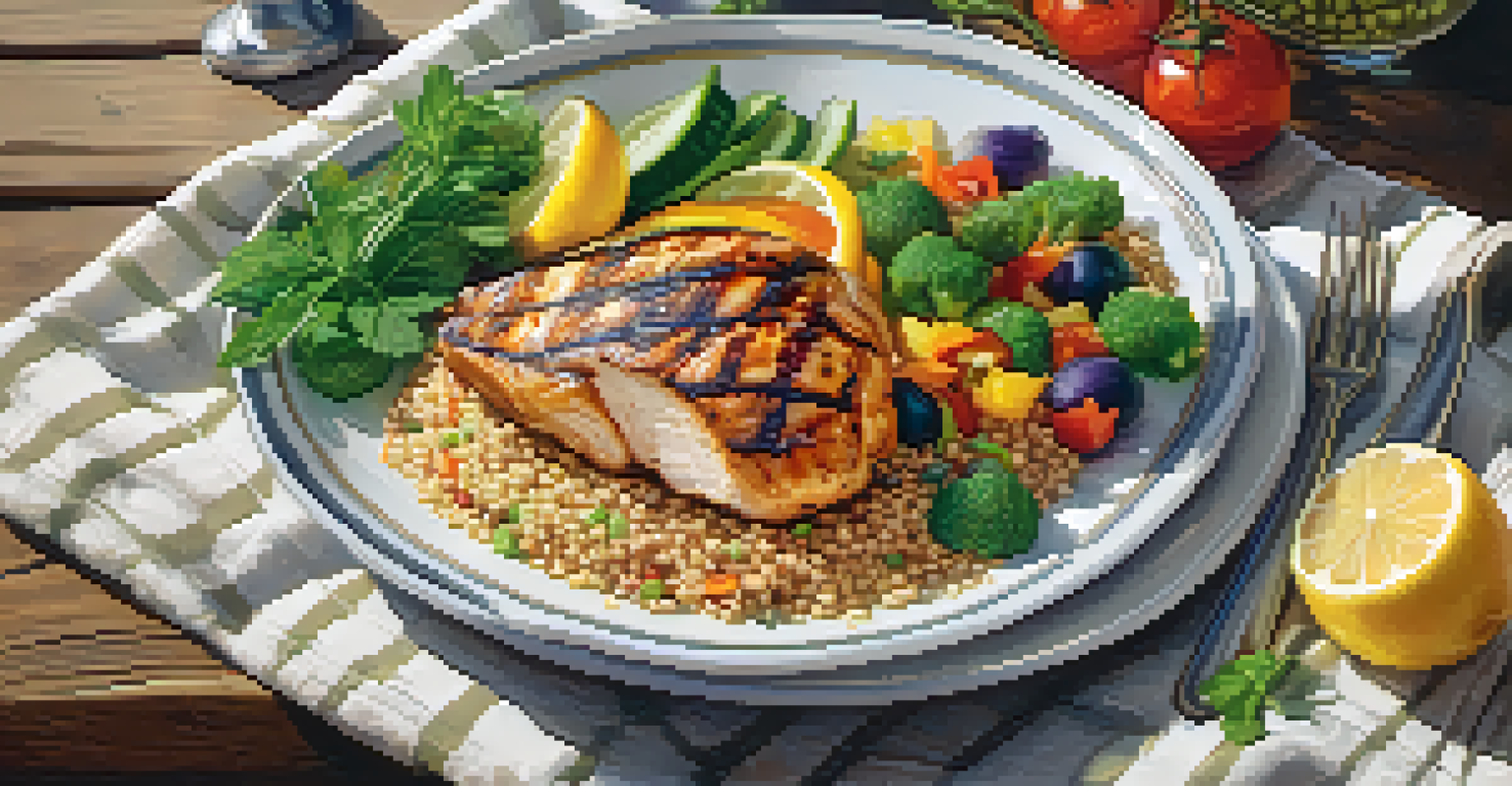 A colorful plate of grilled chicken, fresh vegetables, and quinoa on a rustic wooden table, accompanied by a glass of lemon water, all bathed in natural light.