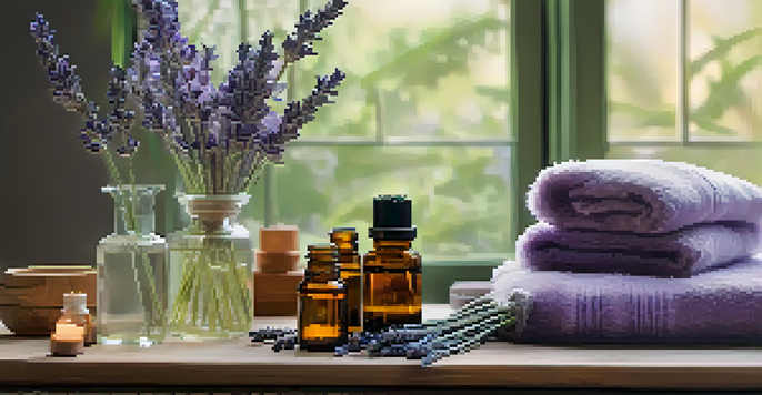 A calming aromatherapy scene with a diffuser and essential oils, surrounded by lavender and plants in a softly lit room.