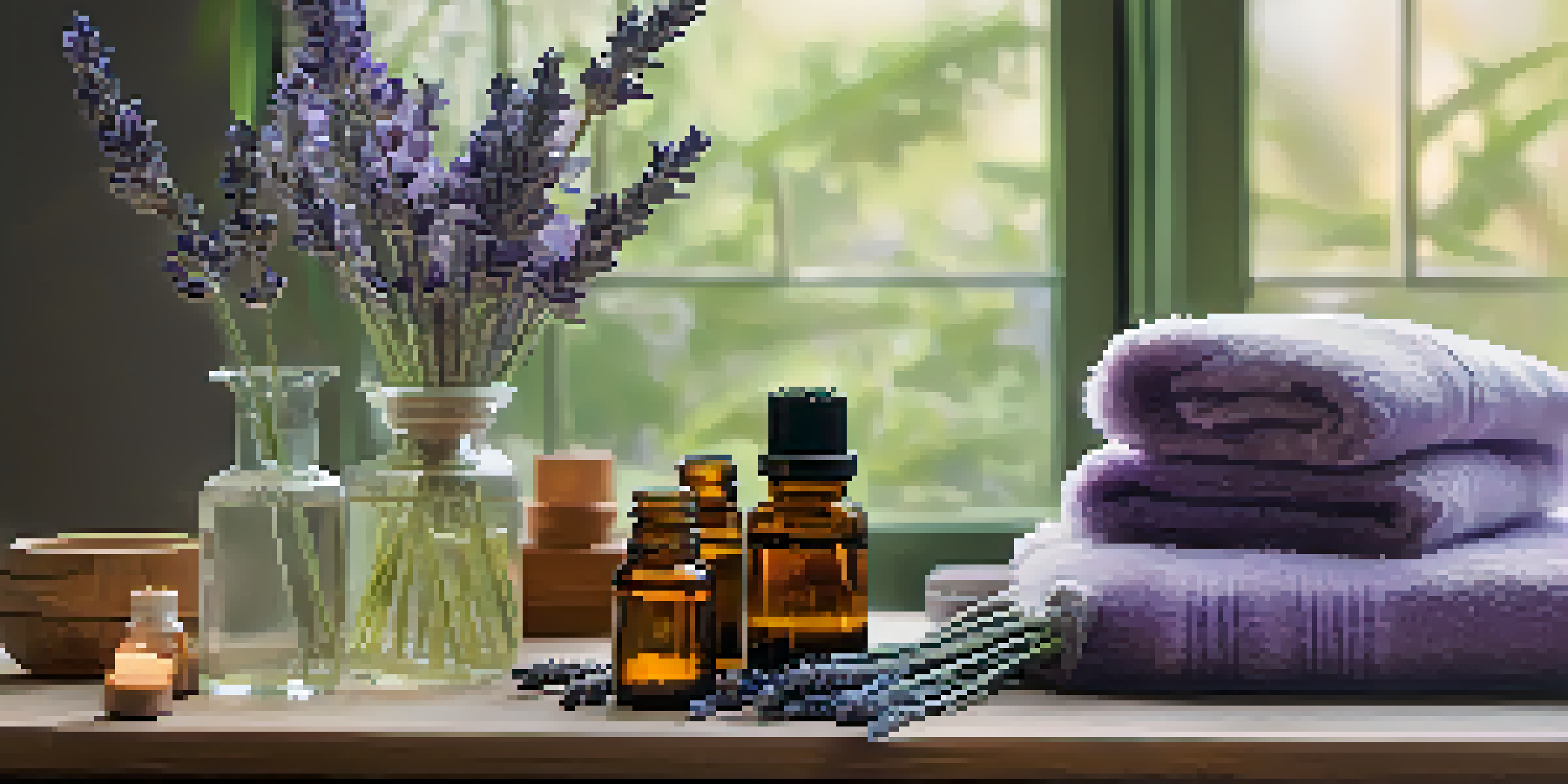 A calming aromatherapy scene with a diffuser and essential oils, surrounded by lavender and plants in a softly lit room.