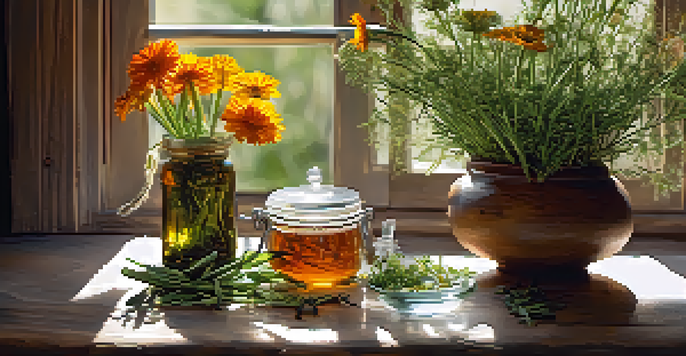 A wooden table with various herbs in glass jars, a mortar and pestle, and a steaming cup of herbal tea, illuminated by soft sunlight.