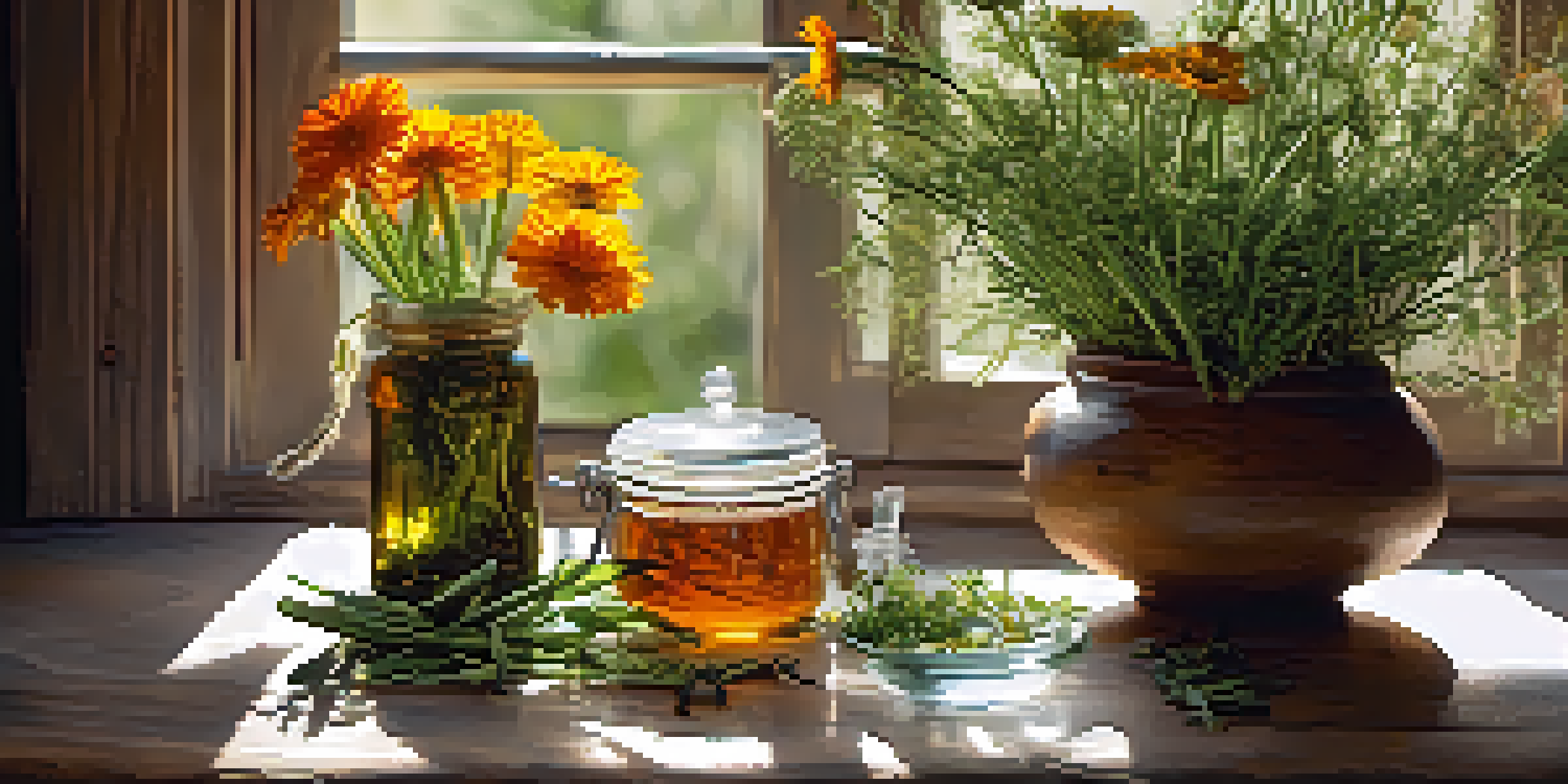 A wooden table with various herbs in glass jars, a mortar and pestle, and a steaming cup of herbal tea, illuminated by soft sunlight.