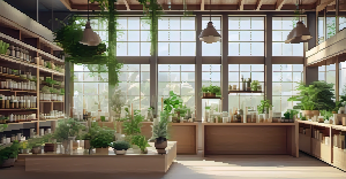 Interior of a calming naturopathic clinic with herbs, natural remedies, and soft lighting.