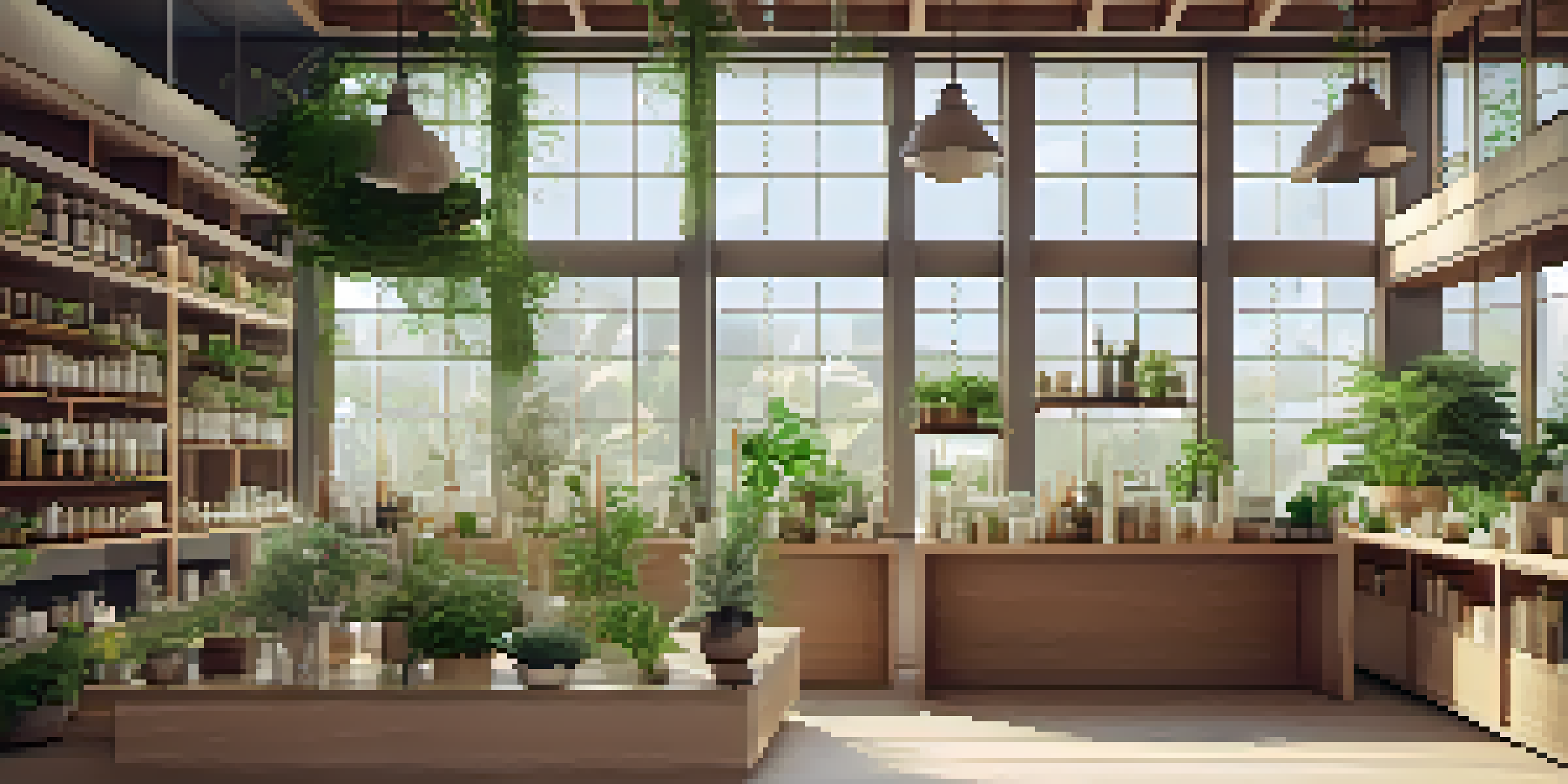 Interior of a calming naturopathic clinic with herbs, natural remedies, and soft lighting.