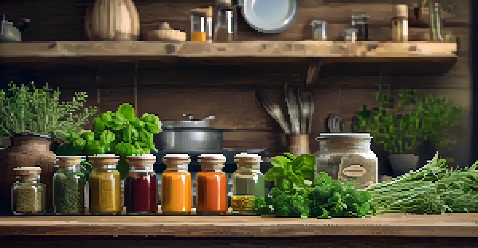 A collection of colorful herbs on a wooden table with labels, set against a blurred kitchen background, showcasing a holistic approach to health.