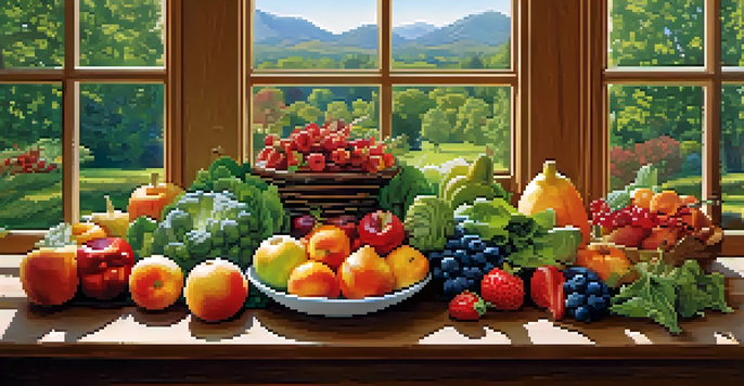 A wooden table filled with an assortment of fresh fruits and vegetables, illuminated by soft natural light, representing a healthy diet.