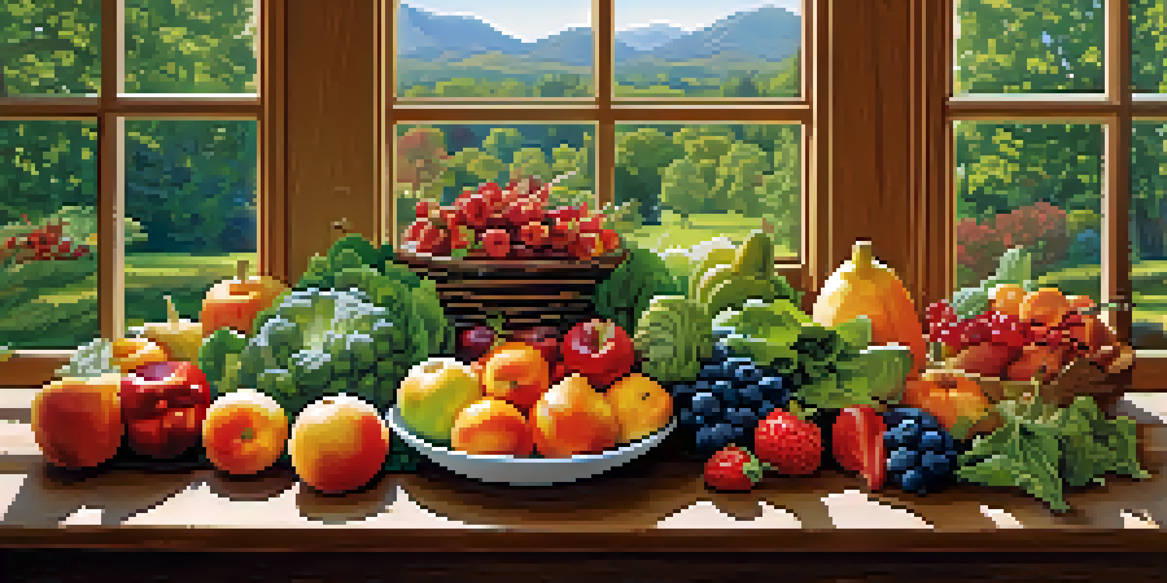 A wooden table filled with an assortment of fresh fruits and vegetables, illuminated by soft natural light, representing a healthy diet.