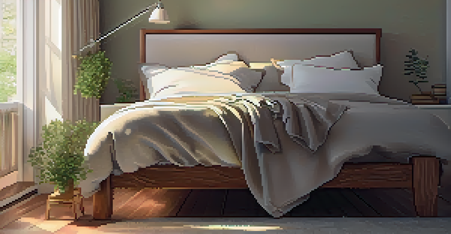 A calm bedroom with a bed, herbal tea, and a book, illustrating a peaceful sleeping environment.