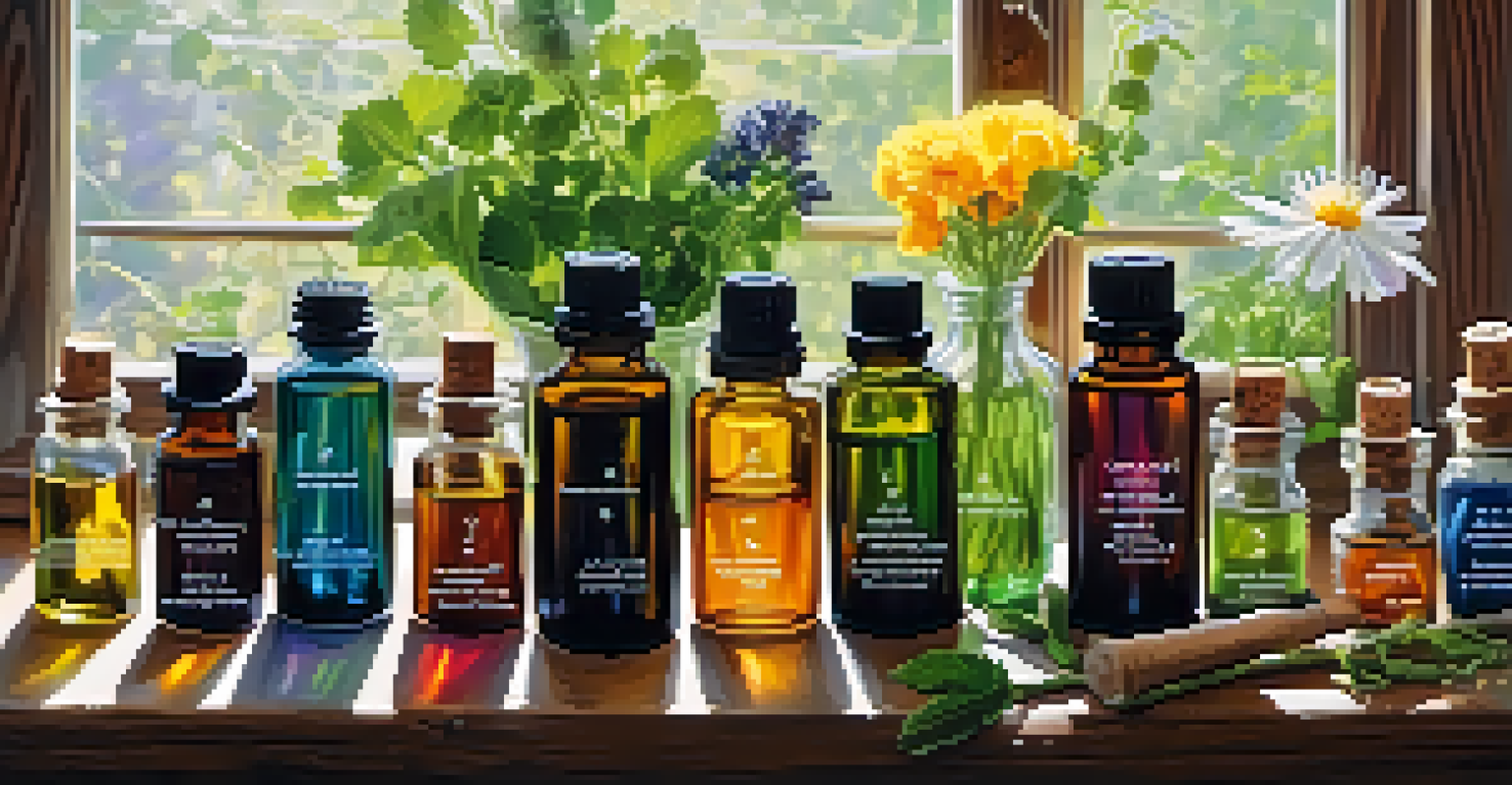 A collection of essential oils alongside fresh herbs and flowers on a wooden table, illuminated by sunlight.