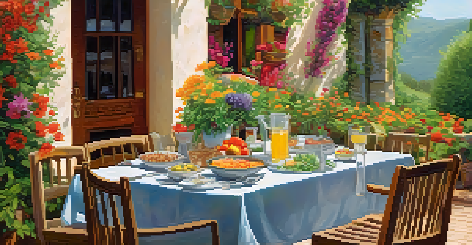 An outdoor dining table set with a healthy meal, surrounded by greenery and flowers, creating a peaceful ambiance.