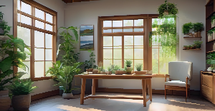 A cozy naturopathic clinic interior with plants, wooden furniture, and natural light.