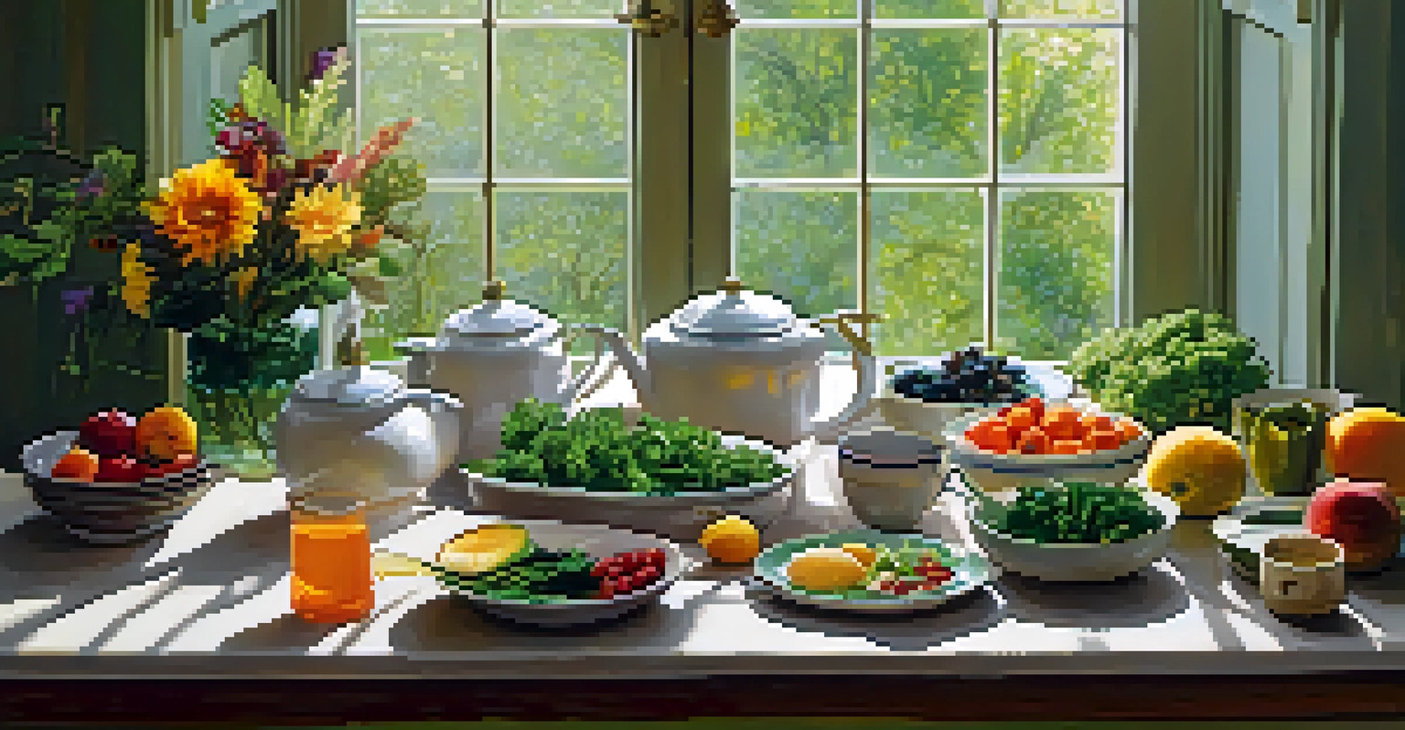A kitchen table filled with vibrant, nutritious foods for postpartum recovery, bathed in morning light.
