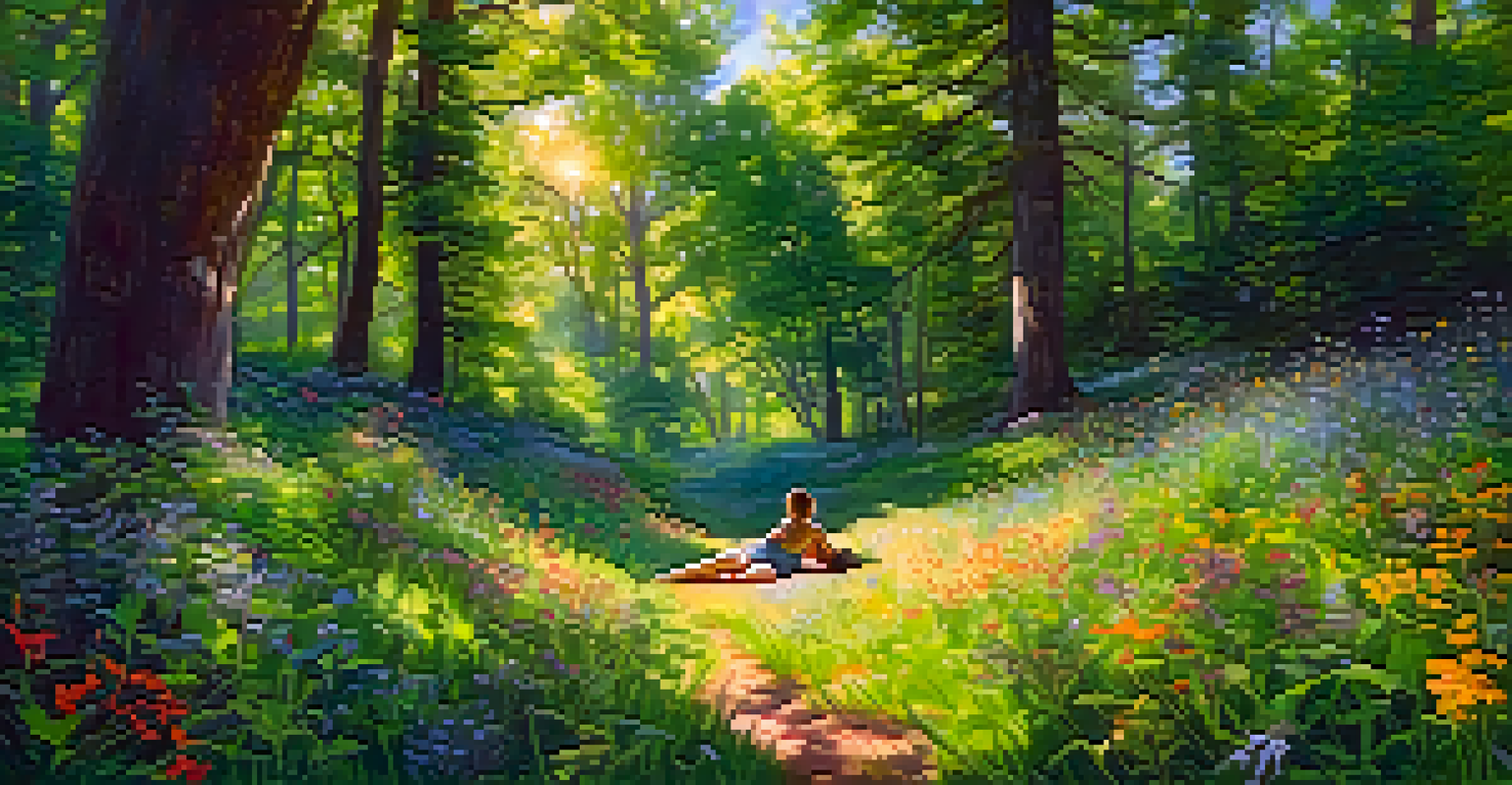 A person lying in a forest, practicing guided imagery, surrounded by trees and flowers.