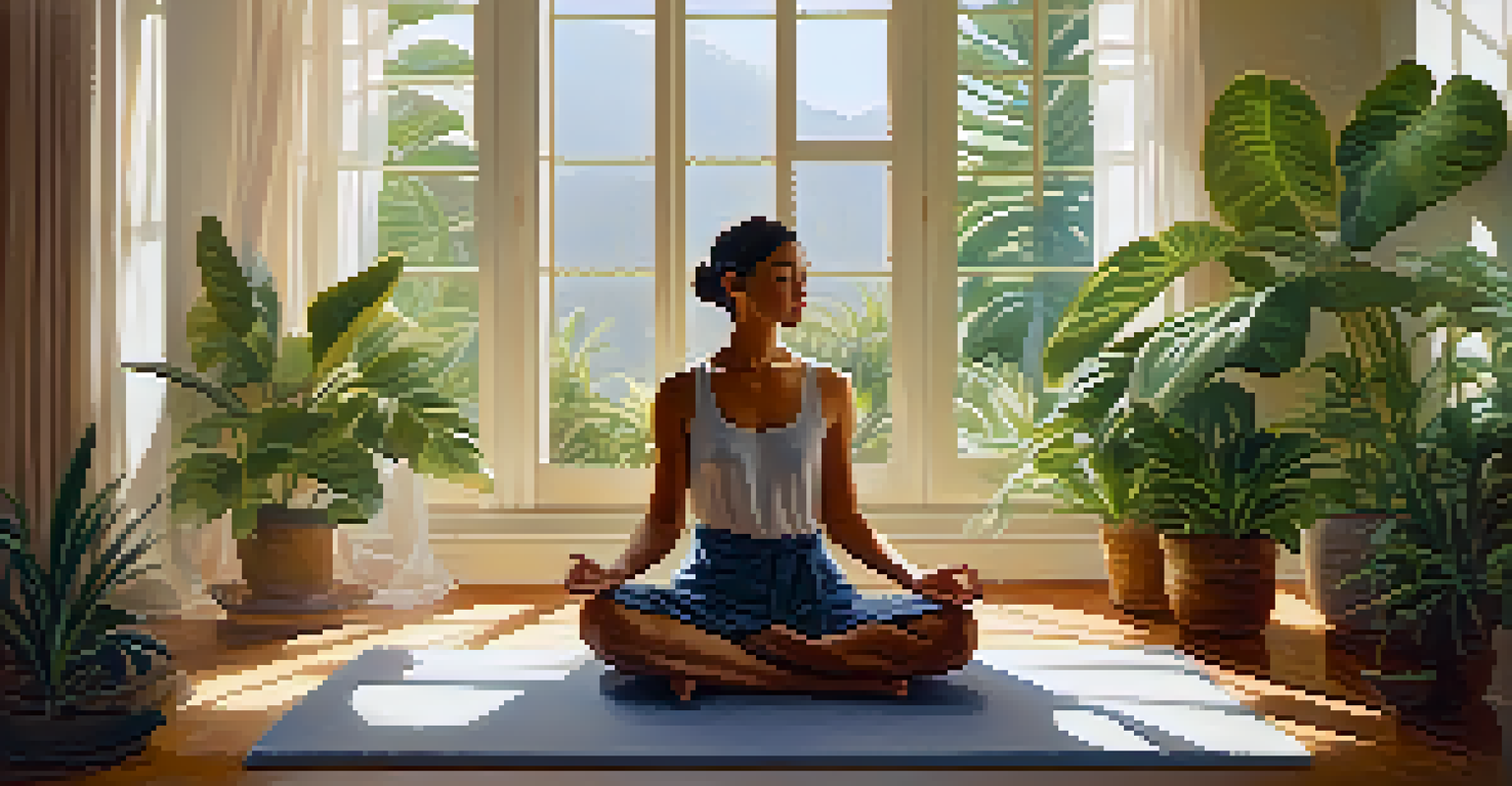 A person meditating in a sunlit room filled with indoor plants, creating a peaceful and tranquil atmosphere.