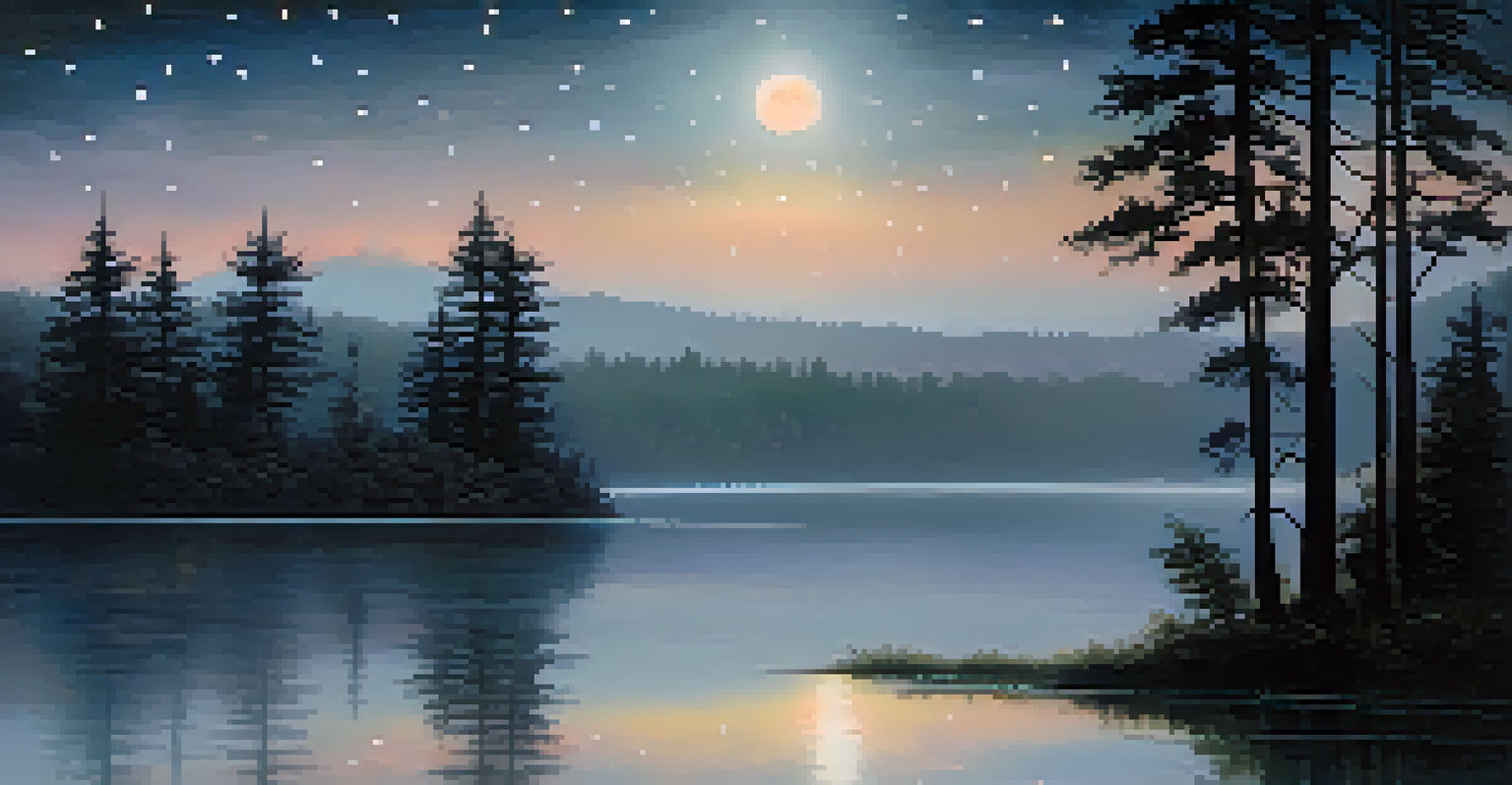 A tranquil landscape at night with a starry sky and a lake reflecting moonlight, promoting a sense of peace and relaxation.