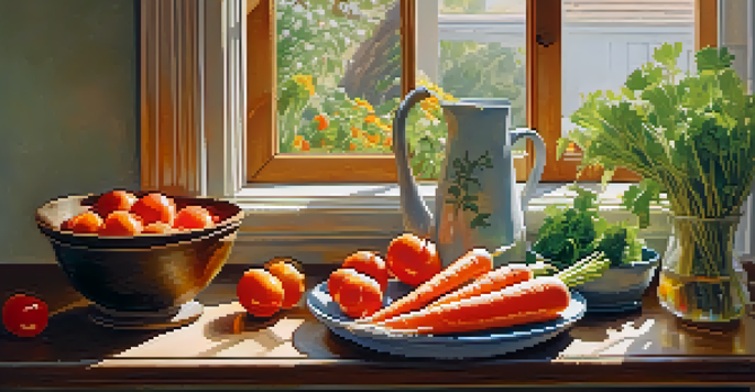 A bright kitchen table with fresh fruits and vegetables, a glass pitcher of herbal tea, and dandelion leaves, illuminated by sunlight.