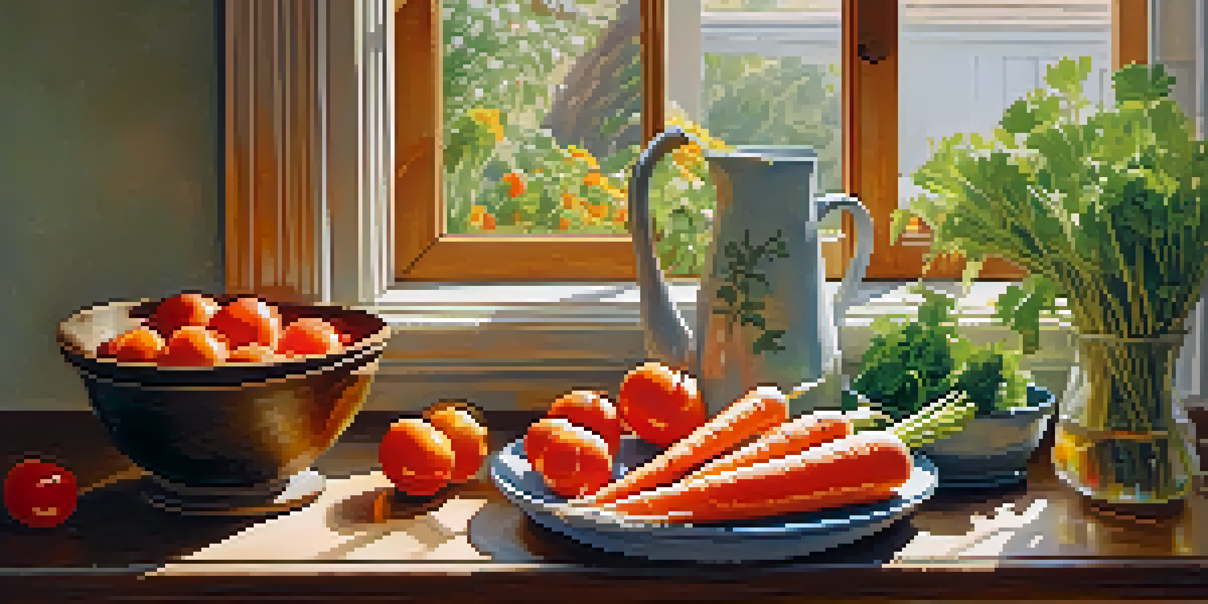 A bright kitchen table with fresh fruits and vegetables, a glass pitcher of herbal tea, and dandelion leaves, illuminated by sunlight.