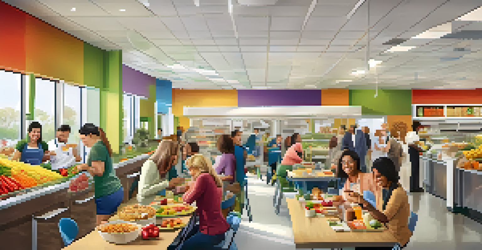 Employees enjoying a variety of healthy foods in a bright and colorful workplace cafeteria.