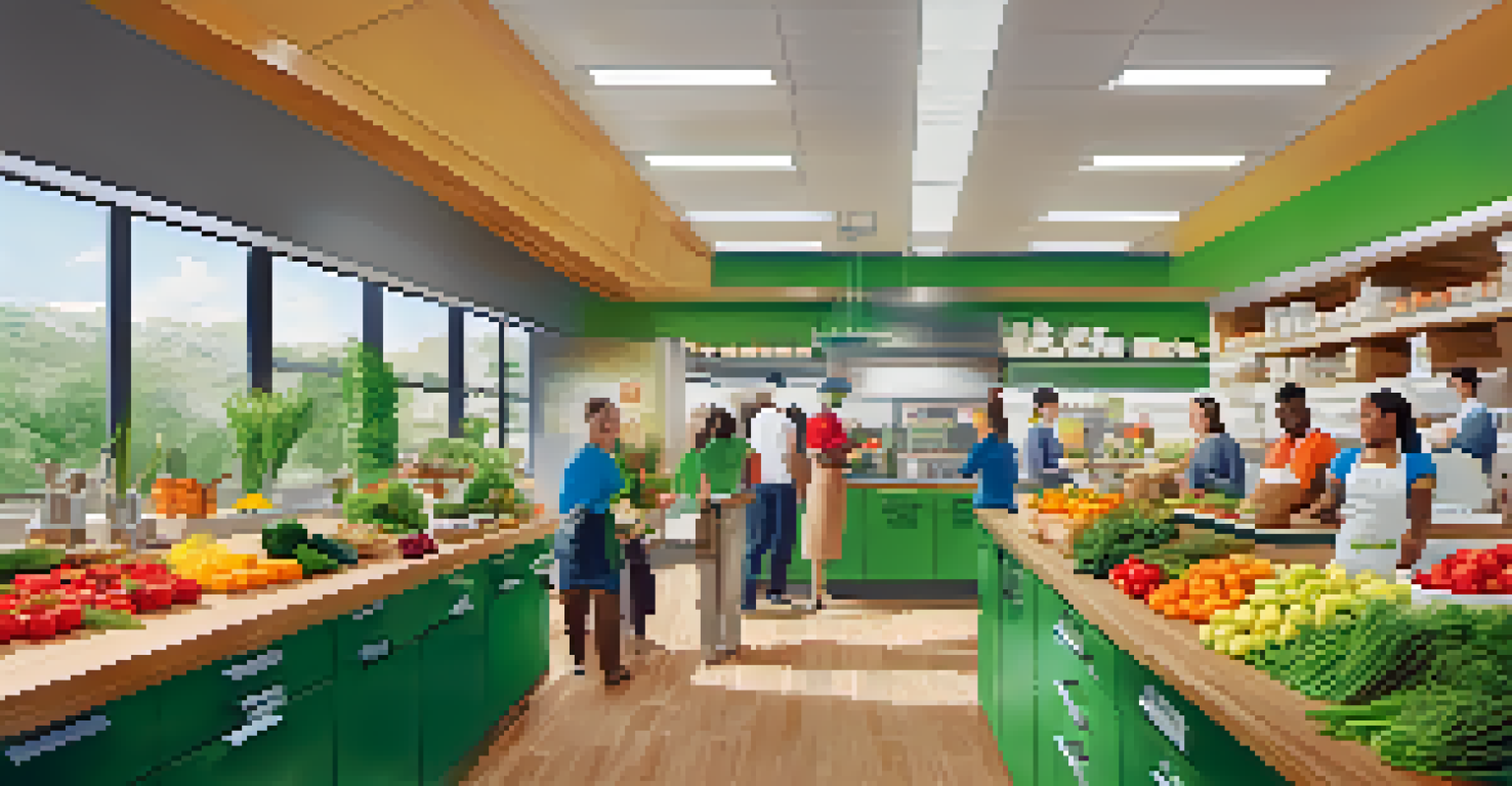A lively kitchen area in an office with employees preparing healthy snacks around a colorful spread of nutritious foods.